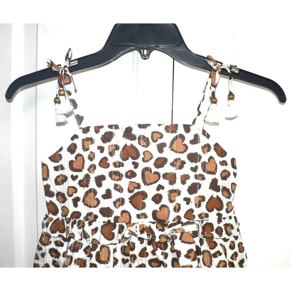 Rachel Zoe Girls Sleeveless Tiered Bow Shoulder Dress Brown Animal Hearts Size 7